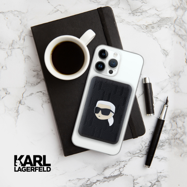 Karl Lagerfeld indukcinis išorinis akumuliatorius KLPB5FPGKSKIHK 16W 5000mAh juodos spalvos Karl Head Pin MagSafe aprašymas - Prekės nuotrauka