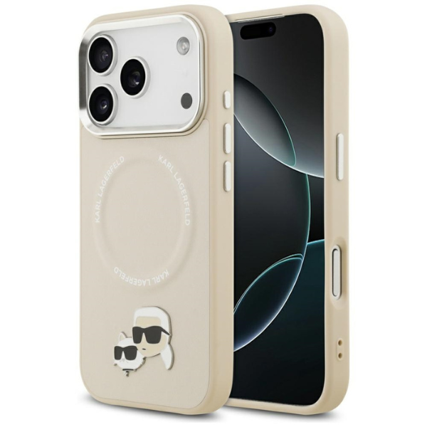 Karl Lagerfeld Karl & Choupette Pins MagSafe dėklas, skirtas iPhone 17 Pro, smėlio spalvos aprašymas - Prekės nuotrauka