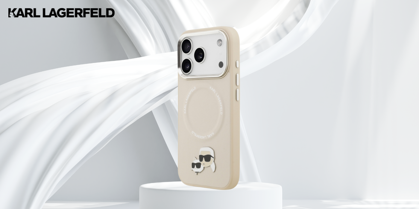 Karl Lagerfeld Karl & Choupette Pins MagSafe dėklas, skirtas iPhone 17 Pro, smėlio spalvos aprašymas - Prekės nuotrauka
