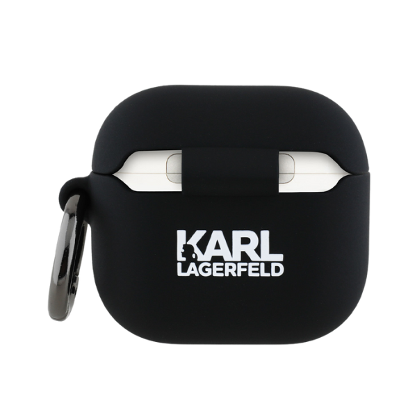 Karl Lagerfeld KLA4RUNKCHK AirPods 4 dėklas juodos spalvos Silicone Karl&Chaupette Head 3D aprašymas - Prekės nuotrauka