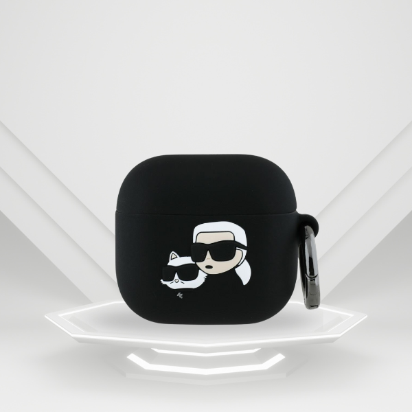 Karl Lagerfeld KLA4RUNKCHK AirPods 4 dėklas juodos spalvos Silicone Karl&Chaupette Head 3D aprašymas - Prekės nuotrauka