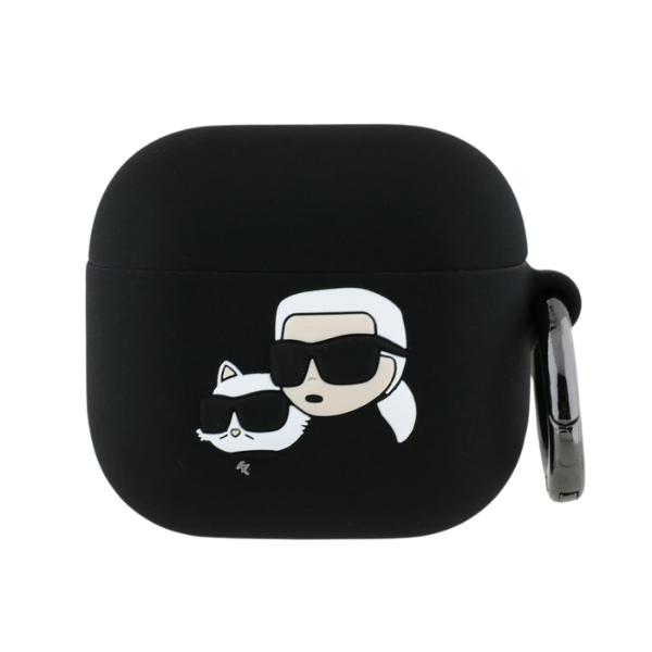 Karl Lagerfeld KLA4RUNKCHK AirPods 4 dėklas juodos spalvos Silicone Karl&Chaupette Head 3D aprašymas - Prekės nuotrauka