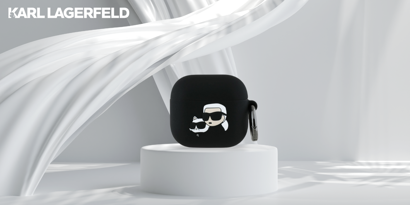Karl Lagerfeld KLA4RUNKCHK AirPods 4 dėklas juodos spalvos Silicone Karl&Chaupette Head 3D aprašymas - Prekės nuotrauka