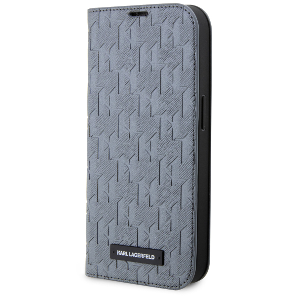 Karl Lagerfeld KLBKP14SSAKLHPG iPhone 14 / 15 / 13 6.1″ knygelės tipo dėklas sidabrinis Saffiano Monogram aprašymas - Prekės nuotrauka