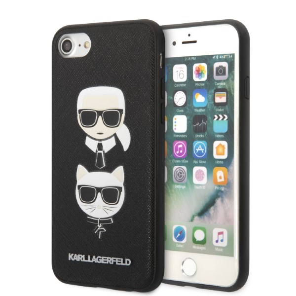 Karl Lagerfeld KLHCI8SAKICKCBK iPhone 7/8 / SE 2020 / SE 2022 juodas/juodas kietas dėklas Saffiano Ikonik Karl&Choupette Head aprašymas - Prekės nuotrauka