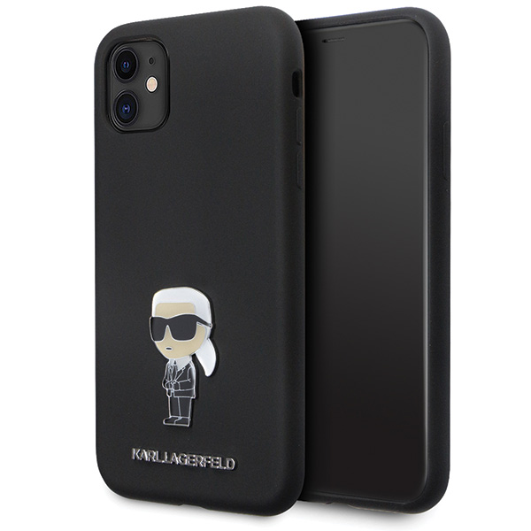 Karl Lagerfeld KLHCN61SMHKNPK iPhone 11/ Xr 6.1″ juodos spalvos silikoninis dėklas Ikonik Metal Pin aprašymas - Prekės nuotrauka