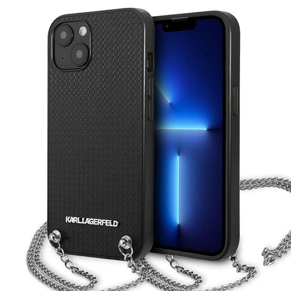 Karl Lagerfeld KLHCP13MPMK Apple iPhone 13 / 14 / 15 6,1″ kietas dėklas juodos spalvos Leather Textured and Chain aprašymas - Prekės nuotrauka