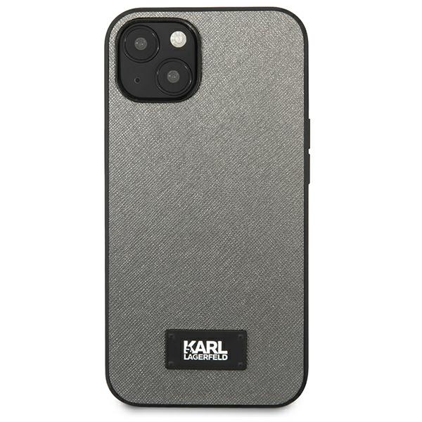 Karl Lagerfeld KLHCP13MSFMP2DG iPhone 13 / 14 / 15 6,1″ kietas dėklas sidabrinis Saffiano Plaque aprašymas - Prekės nuotrauka