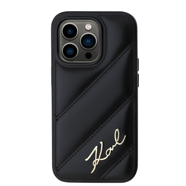 Karl Lagerfeld KLHCP14LPQDSMGK iPhone 14 Pro 6.1″ juodos spalvos kietas dėklas Diagonal Quilted Script aprašymas - Prekės nuotrauka
