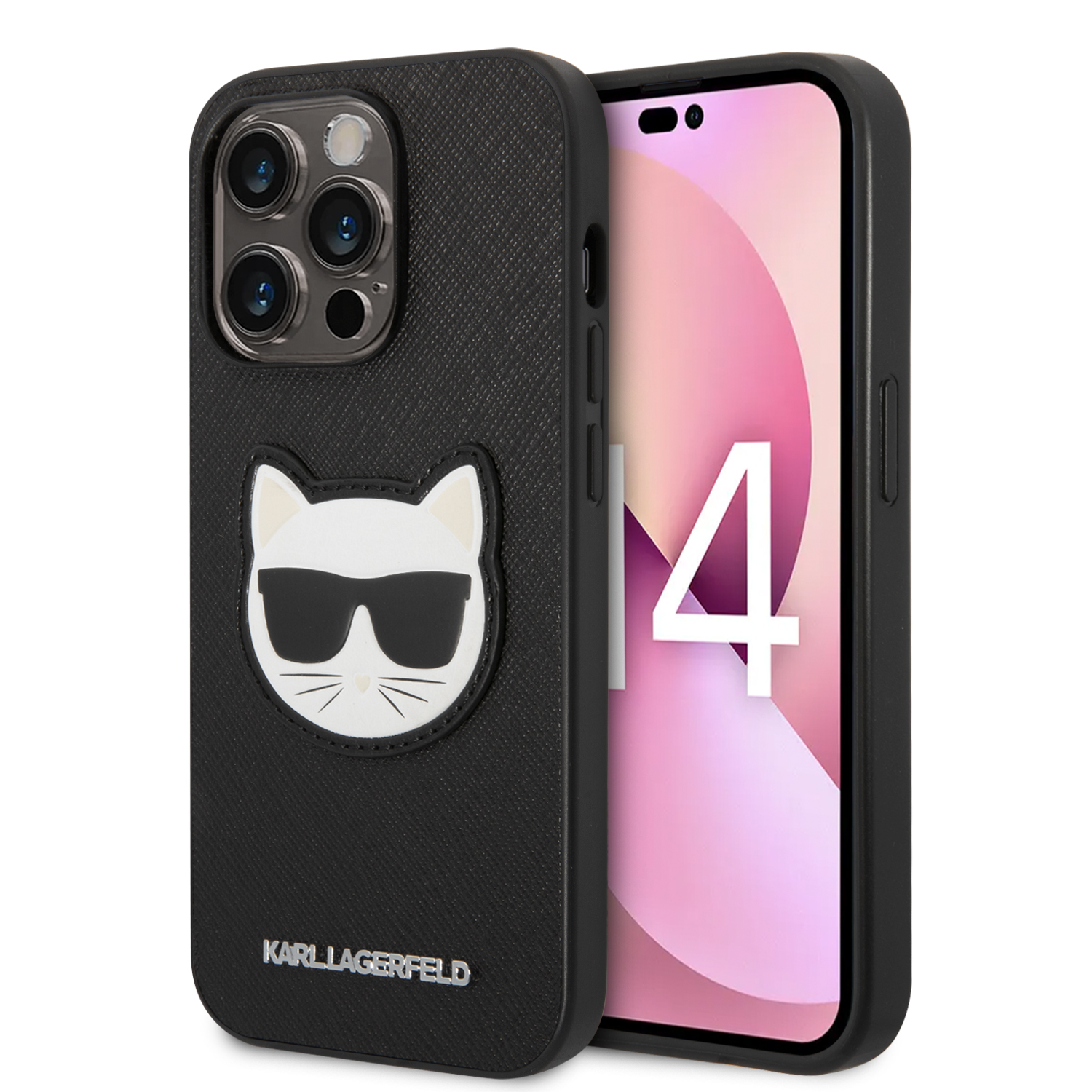 Karl Lagerfeld KLHCP14LSAPCHK iPhone 14 Pro 6,1″ kietas dėklas, juodos spalvos, Saffiano Choupette Head Patch aprašymas - Prekės nuotrauka