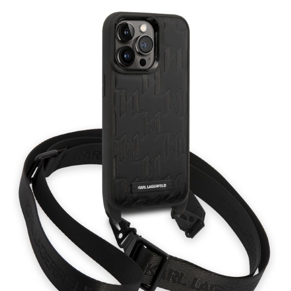 Karl Lagerfeld KLHCP14LSTMMK iPhone 14 Pro 6,1″ kietas dėklas juodos spalvos Monogram Plaque Logo Strap aprašymas - Prekės nuotrauka