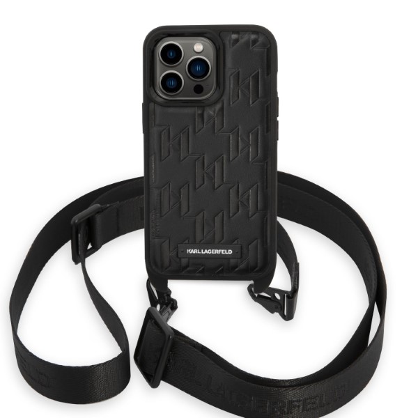 Karl Lagerfeld KLHCP14LSTMMK iPhone 14 Pro 6,1″ kietas dėklas juodos spalvos Monogram Plaque Logo Strap aprašymas - Prekės nuotrauka