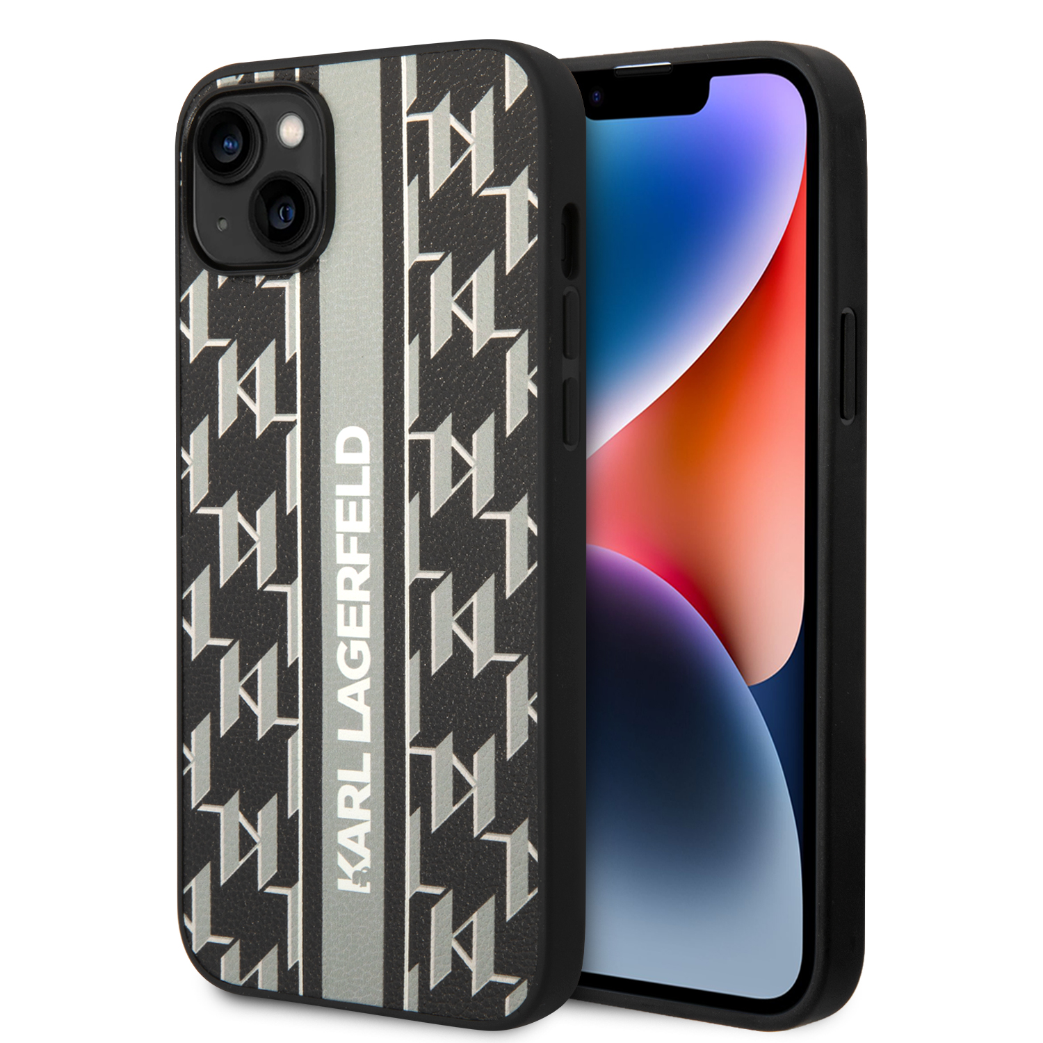 Karl Lagerfeld KLHCP14MPGKLSKG iPhone 14 Plus / 15 Plus 6,7″ kietas dėklas, pilkos spalvos, Monogram Stripe aprašymas - Prekės nuotrauka