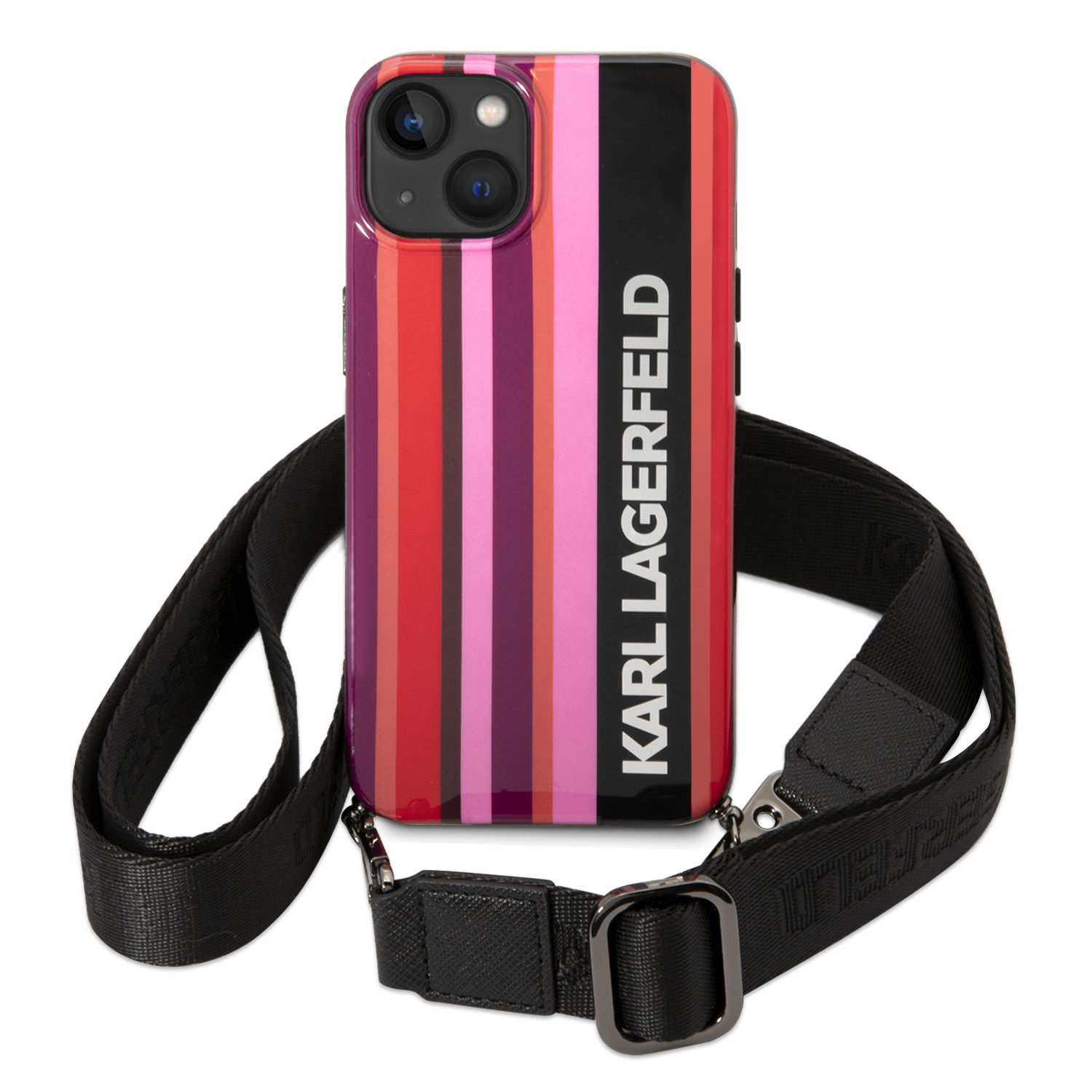 Dėklas Karl Lagerfeld KLHCP14SSTSTP Apple iPhone 14/ 15 / 13 6,1″ hardcase rožinės spalvos Color Stripes Strap aprašymas - Prekės nuotrauka
