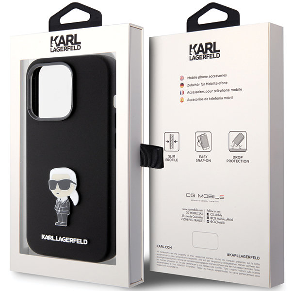 Karl Lagerfeld KLHCP15LSMHKNPK iPhone 15 Pro 6.1″ juodos spalvos silikoninis dėklas Ikonik Metal Pin aprašymas - Prekės nuotrauka