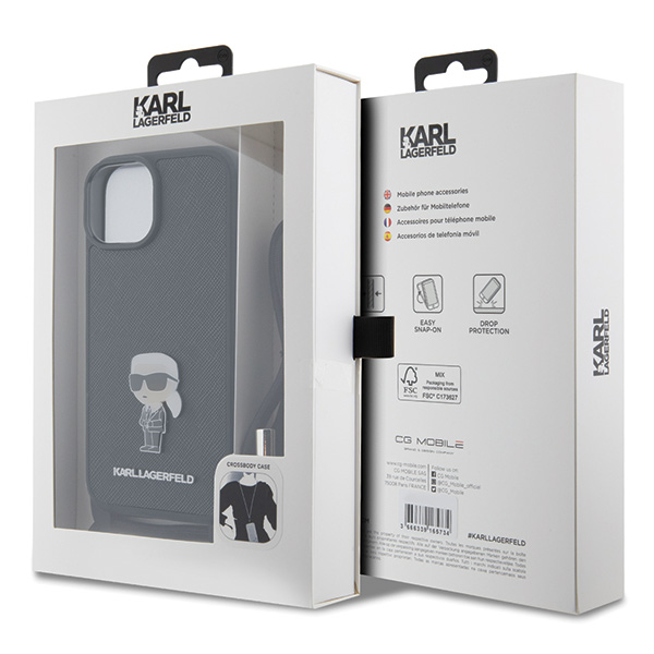 Karl Lagerfeld KLHCP15SSASKNPSK Apple iPhone 15 / 14 / 13 6.1″ kietas dėklas juodos spalvos Crossbody Saffiano Mon aprašymas - Prekės nuotrauka