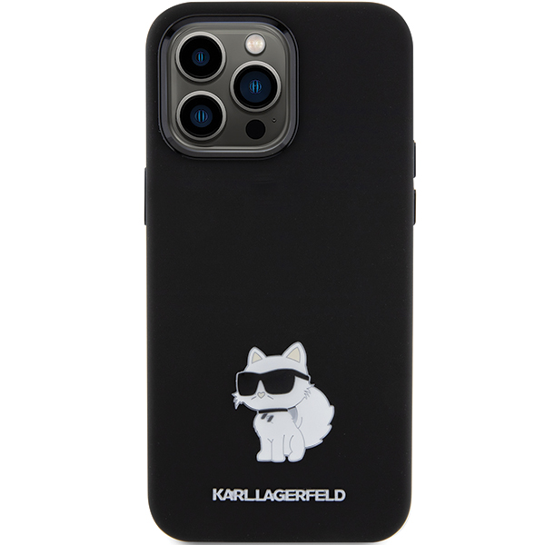 Karl Lagerfeld KLHCP15XSMHCNPK iPhone 15 Pro Max 6.7″ juodos spalvos silikoninis dėklas Choupette Metal Pin aprašymas - Prekės nuotrauka