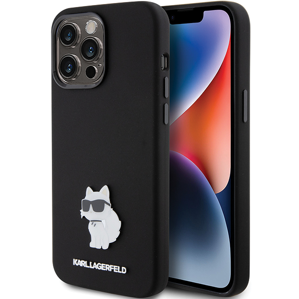 Karl Lagerfeld KLHCP15XSMHCNPK iPhone 15 Pro Max 6.7″ juodos spalvos silikoninis dėklas Choupette Metal Pin aprašymas - Prekės nuotrauka