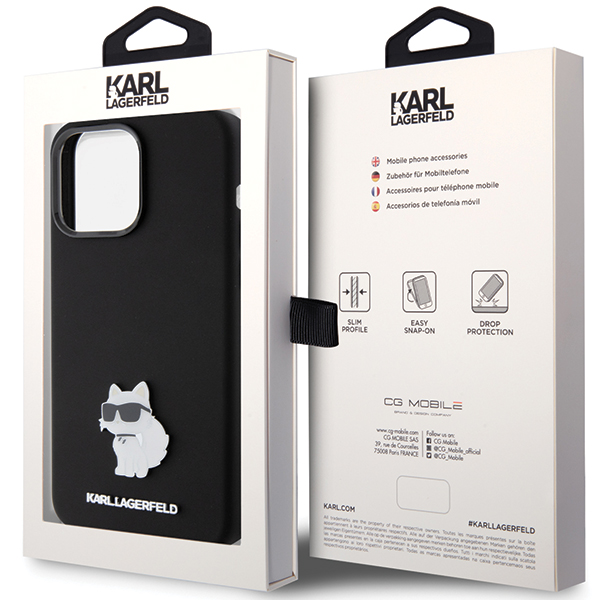 Karl Lagerfeld KLHCP15XSMHCNPK iPhone 15 Pro Max 6.7″ juodos spalvos silikoninis dėklas Choupette Metal Pin aprašymas - Prekės nuotrauka