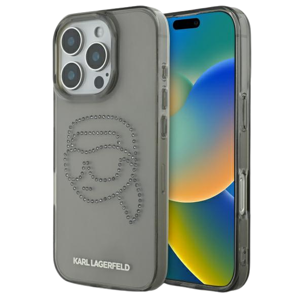 Karl Lagerfeld KLHCP16XHKHDCELK iPhone 16 Pro Max 6.9″ juodos spalvos kietas dėklas IML Rhinestones Karl Head aprašymas - Prekės nuotrauka