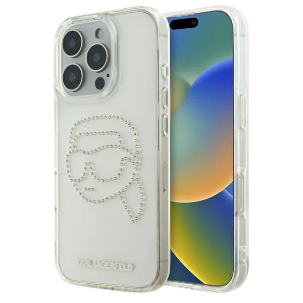 Karl Lagerfeld KLHCP16XHKHDCELT iPhone 16 Pro Max 6.9″ skaidrus kietas dėklas IML Rhinestones Karl Head aprašymas - Prekės nuotrauka