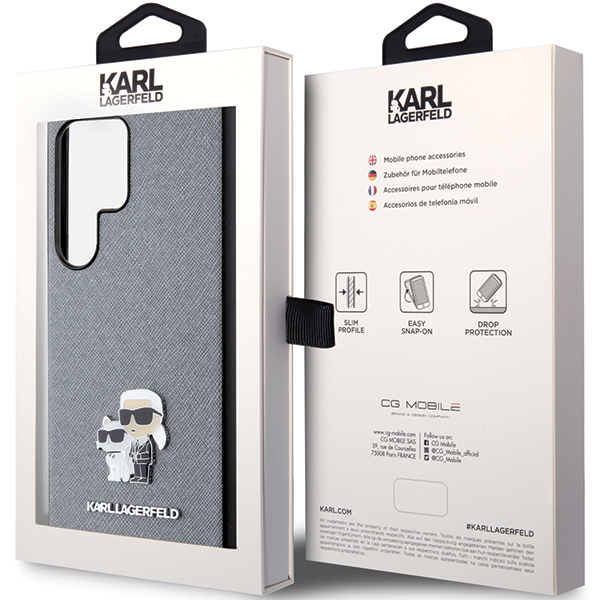 Karl Lagerfeld KLHCS24SPSAKCMPG S24 S921 kietas dėklas pilkos spalvos Saffiano Karl & Choupette Metal Pin aprašymas - Prekės nuotrauka