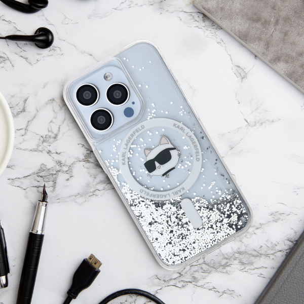 Karl Lagerfeld KLHMP12MLGCHSGH iPhone 12/12 Pro 6.1″ kietas dėklas skaidrus Liquid Glitter Choupette Head aprašymas - Prekės nuotrauka