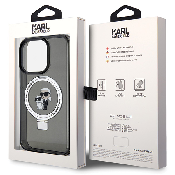 Karl Lagerfeld KLHMP13XHMRSKCK iPhone 13 Pro Max 6.7″ juodos spalvos kietas dėklas su žiedu-stovu Karl&Choupette aprašymas - Prekės nuotrauka