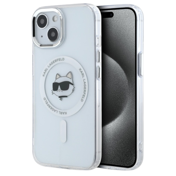 Karl Lagerfeld KLHMP15MHLSCHH Apple iPhone 15 Plus 6.7″ baltos spalvos kietas dėklas IML Metal Choupette Head MagSafe aprašymas - Prekės nuotrauka