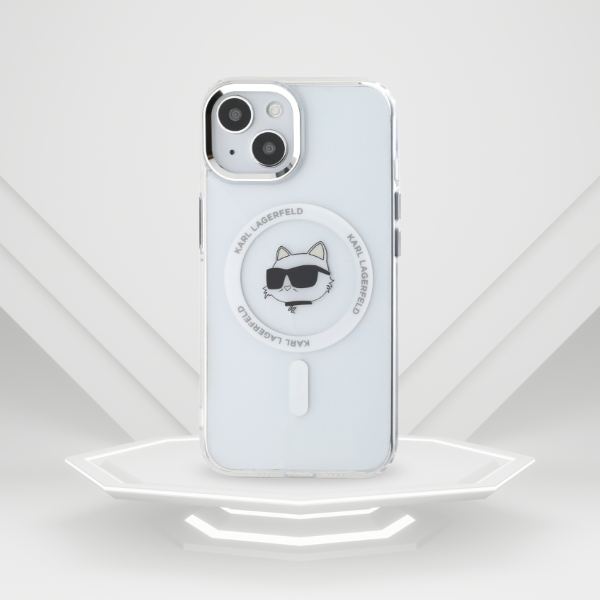 Karl Lagerfeld KLHMP15MHLSCHH Apple iPhone 15 Plus 6.7″ baltos spalvos kietas dėklas IML Metal Choupette Head MagSafe aprašymas - Prekės nuotrauka