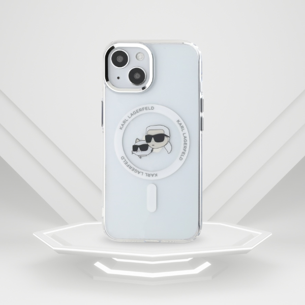 Karl Lagerfeld KLHMP15SHLSKCH Apple iPhone 15 6.1″ baltos spalvos kietas dėklas IML Metal Karl&Choupette Head Mag aprašymas - Prekės nuotrauka
