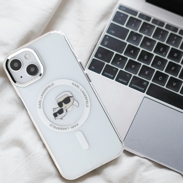 Karl Lagerfeld KLHMP15SHLSKCH Apple iPhone 15 6.1″ baltos spalvos kietas dėklas IML Metal Karl&Choupette Head Mag aprašymas - Prekės nuotrauka