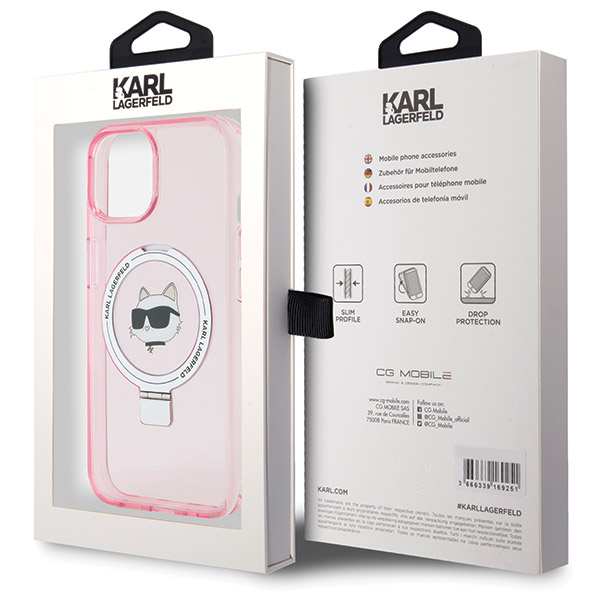 Karl Lagerfeld KLHMP15SHMRSCHP Apple iPhone 15/ 14 / 13 6.1″ rožinės spalvos kietas dėklas Ring Stand Choupette Head aprašymas - Prekės nuotrauka
