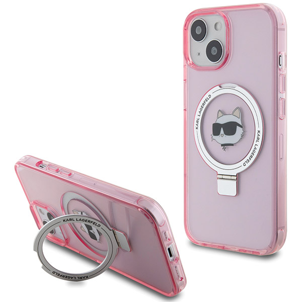 Karl Lagerfeld KLHMP15SHMRSCHP Apple iPhone 15/ 14 / 13 6.1″ rožinės spalvos kietas dėklas Ring Stand Choupette Head aprašymas - Prekės nuotrauka
