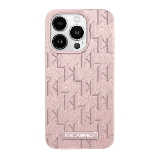 Karl Lagerfeld KLHMP15XPKHPORPP iPhone 15 Pro Max 6.7″ kietas dėklas rožinės spalvos Leather Monogram Metal Lo aprašymas - Prekės nuotrauka