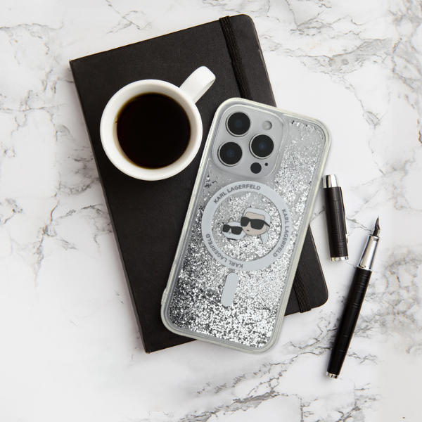 Karl Lagerfeld KLHMP16LLGKISGH iPhone16 Pro 6.3″ kietas dėklas skaidrus Liquid Glitter Karl Head MagSafe aprašymas - Prekės nuotrauka