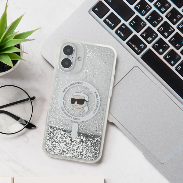 Karl Lagerfeld KLHMP16LLGKISGH iPhone16 Pro 6.3″ kietas dėklas skaidrus Liquid Glitter Karl Head MagSafe aprašymas - Prekės nuotrauka