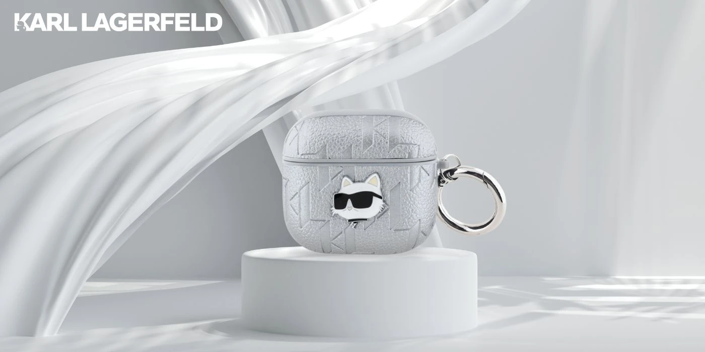 Dėklas Karl Lagerfeld Monogram Choupette Head AirPods 4 sidabro spalvos aprašymas - Prekės nuotrauka