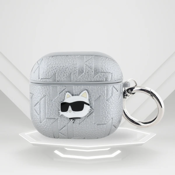 Dėklas Karl Lagerfeld Monogram Choupette Head AirPods 4 sidabro spalvos aprašymas - Prekės nuotrauka