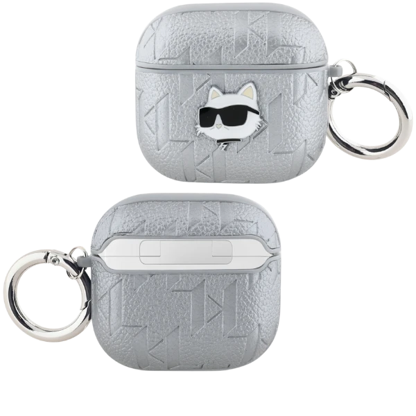 Dėklas Karl Lagerfeld Monogram Choupette Head AirPods 4 sidabro spalvos aprašymas - Prekės nuotrauka