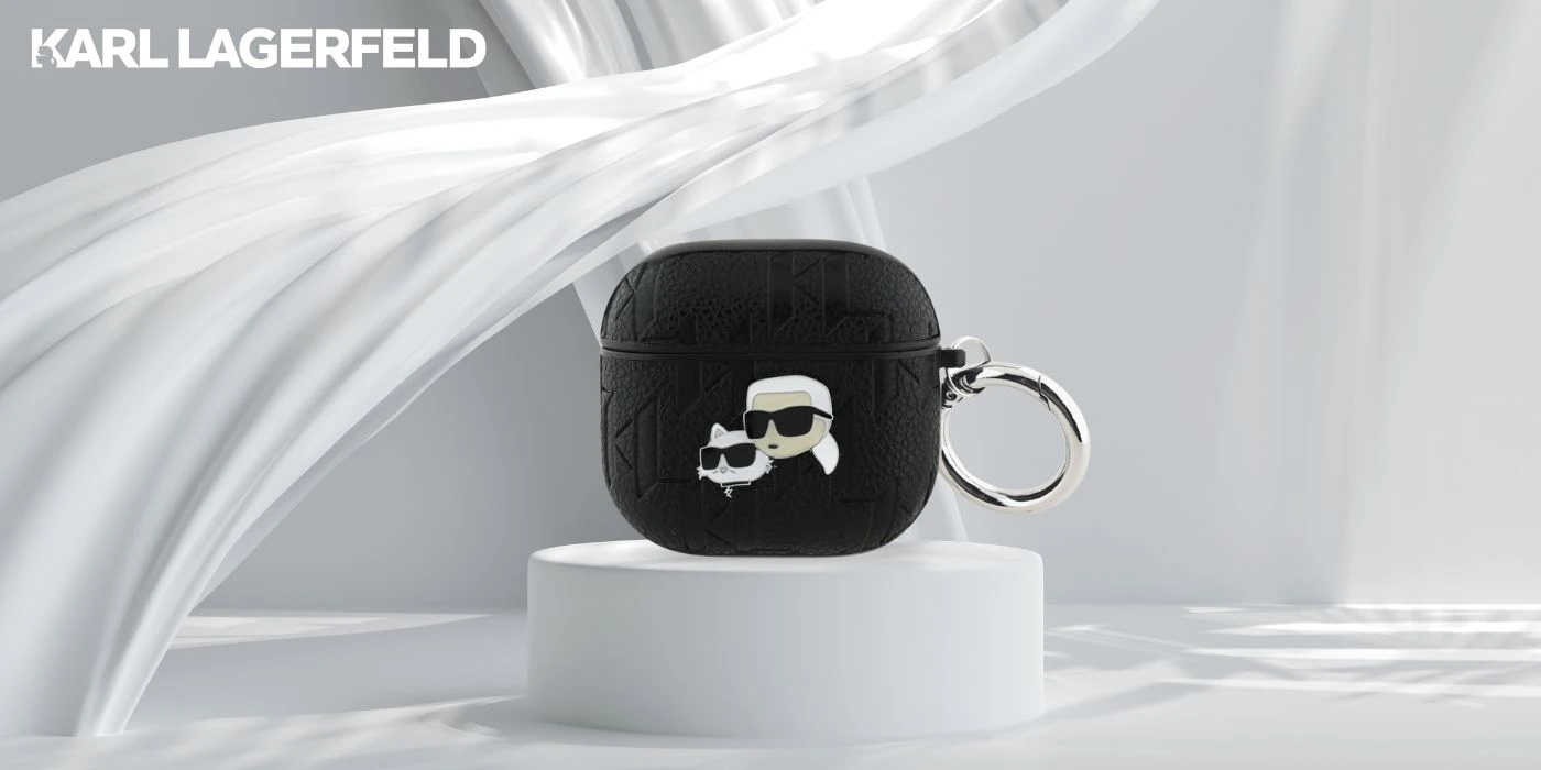 Karl Lagerfeld Monogram Karl & Choupette dėklas AirPods 4 juodos spalvos aprašymas - Prekės nuotrauka