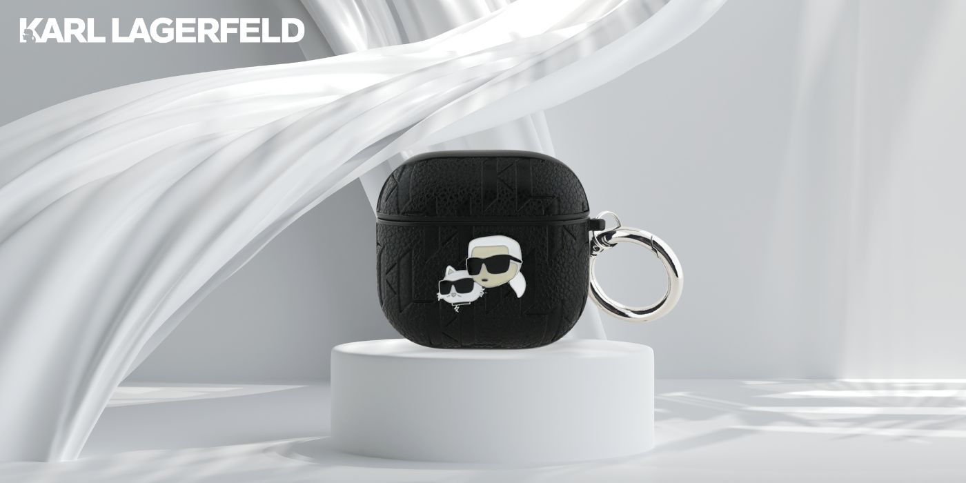 Dėklas Karl Lagerfeld Monogram Karl & Choupette Head AirPods 4 juodos spalvos aprašymas - Prekės nuotrauka
