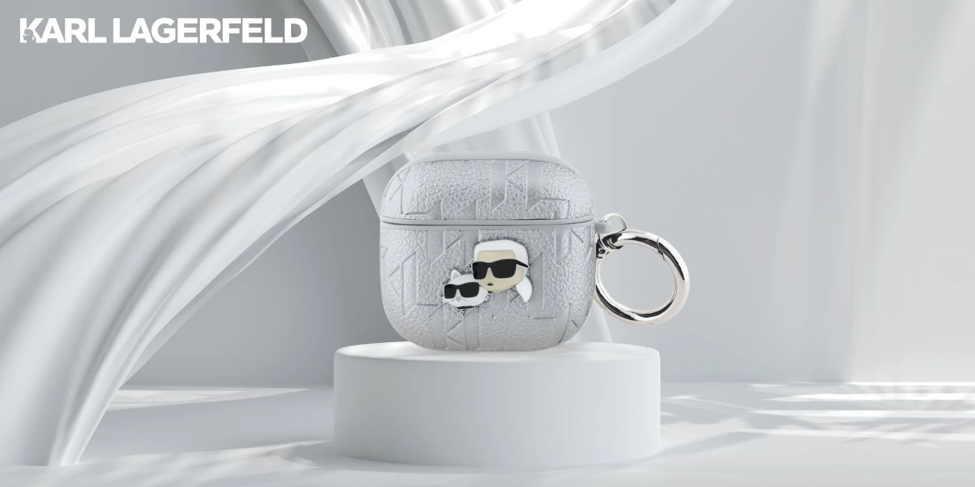 Dėklas Karl Lagerfeld Monogram Karl & Choupette Head AirPods 4 sidabro spalvos aprašymas - Prekės nuotrauka