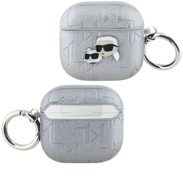 Dėklas Karl Lagerfeld Monogram Karl & Choupette Head AirPods 4 sidabro spalvos aprašymas - Prekės nuotrauka