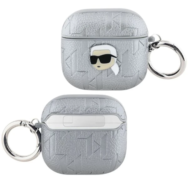 Dėklas Karl Lagerfeld Monogram Karl Head AirPods 4 sidabro spalvos aprašymas - Prekės nuotrauka