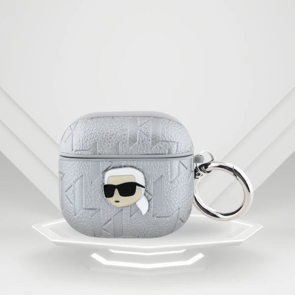 Dėklas Karl Lagerfeld Monogram Karl Head AirPods 4 sidabro spalvos aprašymas - Prekės nuotrauka