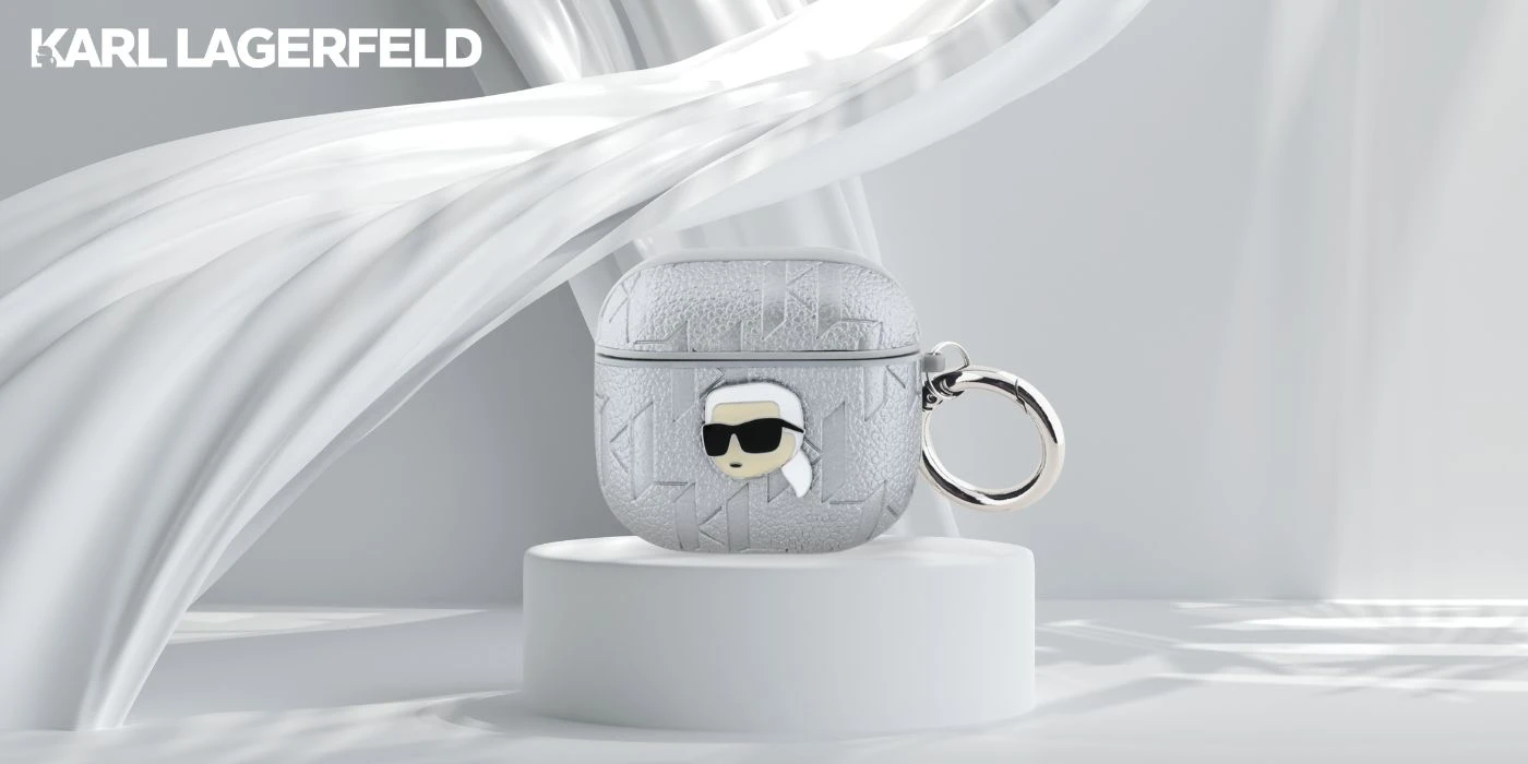 Dėklas Karl Lagerfeld Monogram Karl Head AirPods 4 sidabro spalvos aprašymas - Prekės nuotrauka