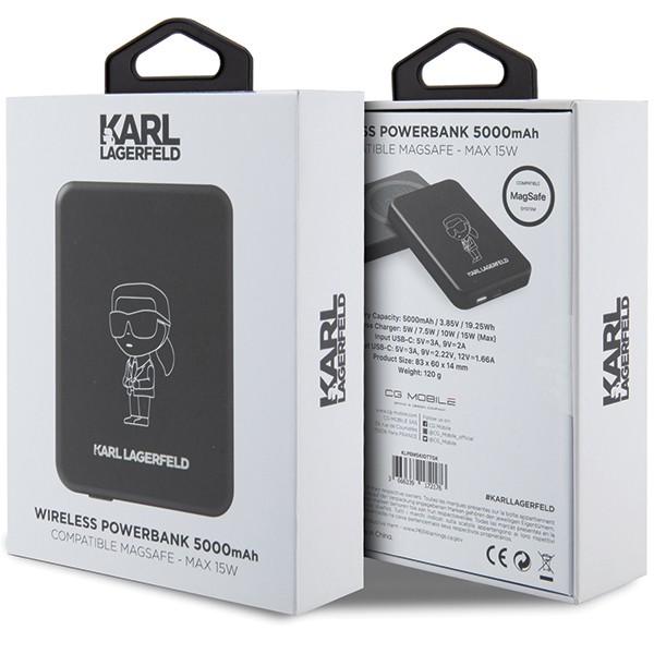 Karl Lagerfeld Powerbank belaidis įkroviklis KLPBM5KIOTTGK 5000mAh juodos spalvos NFT Outline Ikonik MagSafe aprašymas - Prekės nuotrauka