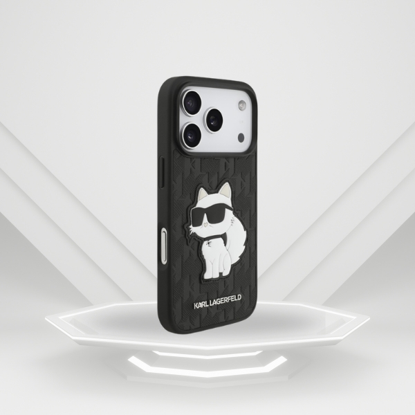 Karl Lagerfeld Saffiano Mono Patch Choupette dėklas, skirtas iPhone 18 Pro / 17 Pro, juodas aprašymas - Prekės nuotrauka