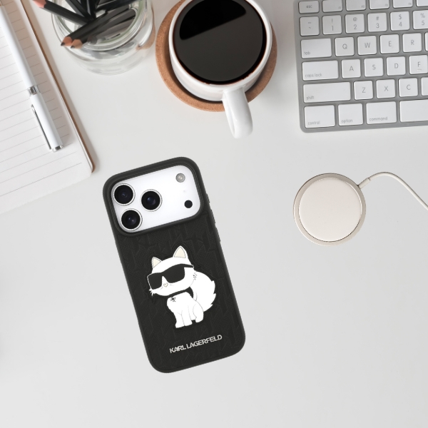 Karl Lagerfeld Saffiano Mono Patch Choupette dėklas, skirtas iPhone 18 Pro / 17 Pro, juodas aprašymas - Prekės nuotrauka
